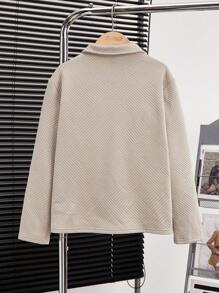 SHEIN Leap Crew Tween Boy Casual Textured Ribbed Long Sleeve Polo Shirt, Suitable For Spring & Autumn, Travel & School - Khaki - View 2