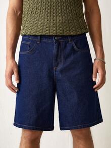 Manfinity Hypemode 男士深蓝色宽松牛仔短裤、牛仔短裤 - 深色水洗藍 - 查看 3