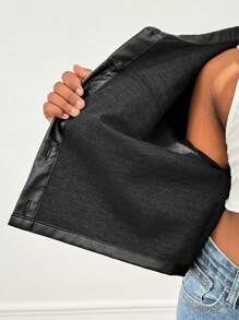 SHEIN Tween-Mädchen Lässig Schwarz Kragen Tasche Metall Schnalle PU Kurze Bomberjacke
