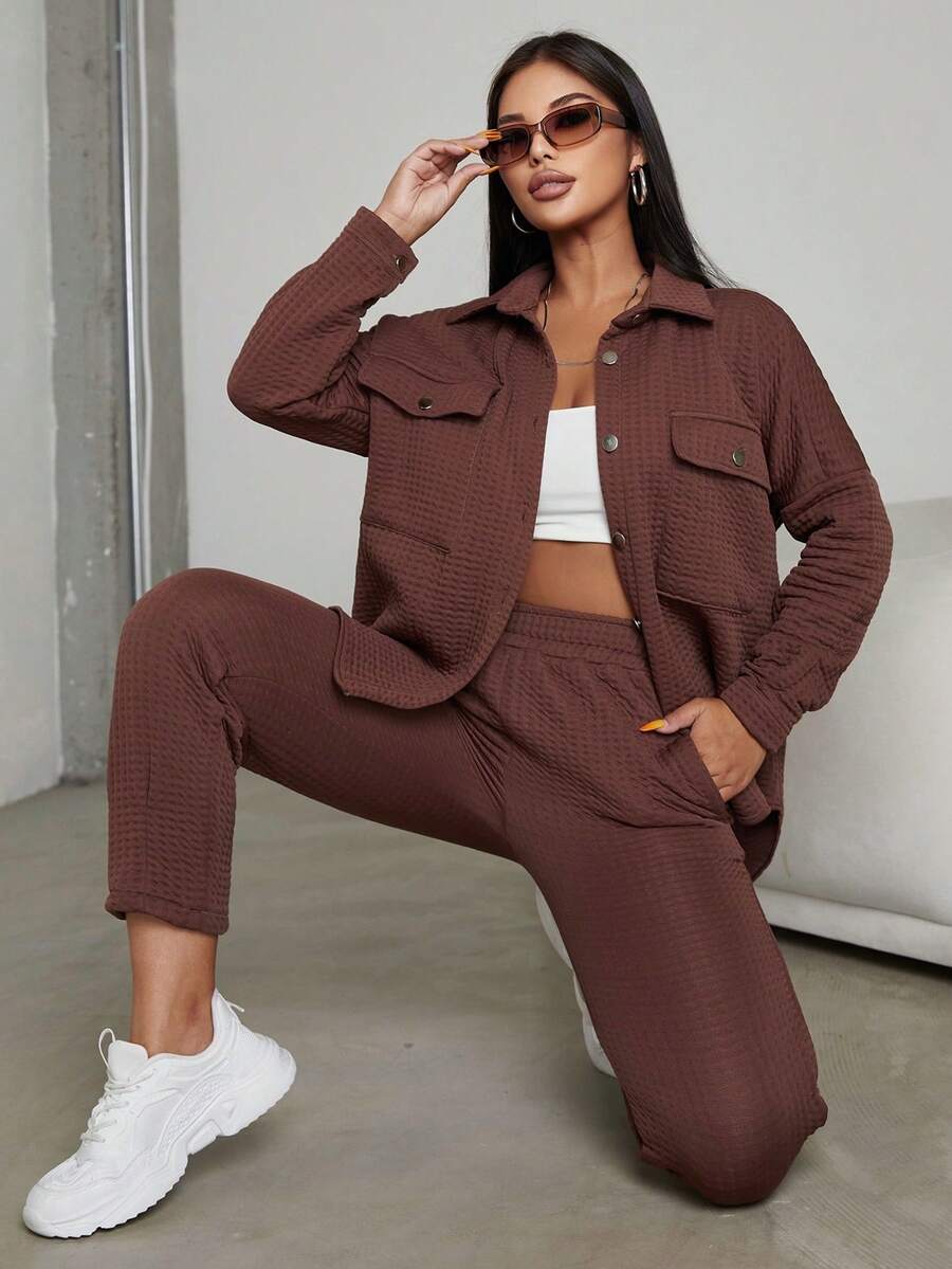 EURMUSE 翻蓋口袋落肩袖外套和褲子