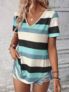 SHEIN LUNE 休闲拼色条纹短袖T恤 - 彩色 - 查看 3