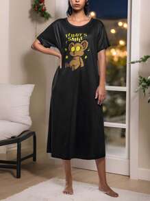 Puffycurly Áo ngủ họa tiết gấu dễ thương màu đen dành cho nữ, mùa hè - màu đen - Xem 1