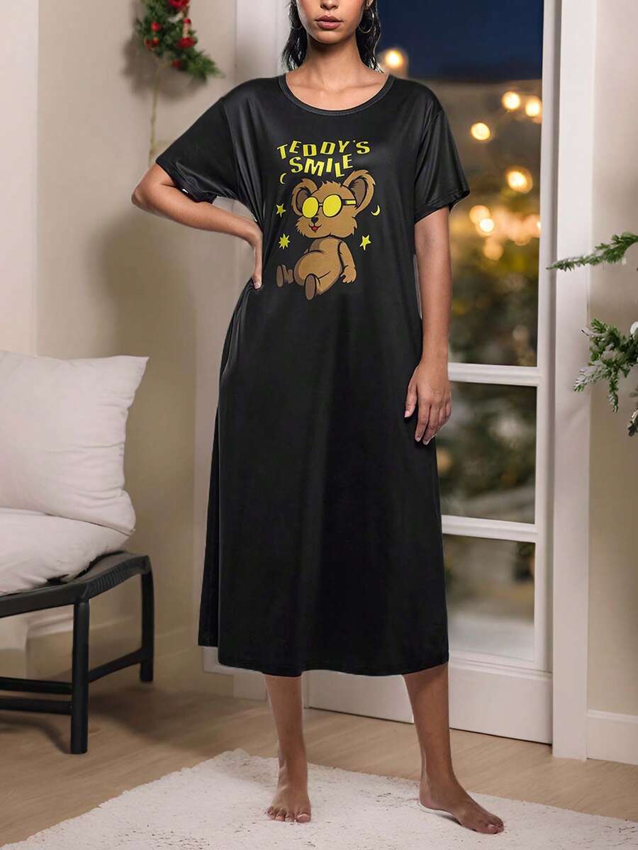 Puffycurly Áo ngủ họa tiết gấu dễ thương màu đen dành cho nữ, mùa hè - màu đen - Xem 1