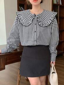 DAZY Women's Peter Pan Collar Ruffle Plaid Loose Shirt,Fall Clothes - Black and White - View 3
