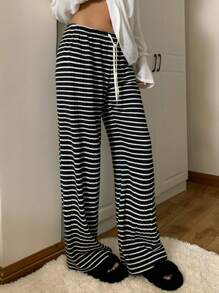 SHEIN CovetEZ Women Black & White Stripe Knit Wide Leg Pants - Black and White - View 3