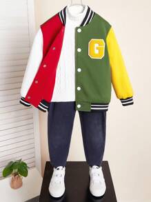 SHEIN 1pc Young Boys' Casual Varsity Jacket, Comfortable, Fashionable, Versatile, Breathable, Suitable For Daily Wear, School, Outings, Sports, Autumn & Winter Season