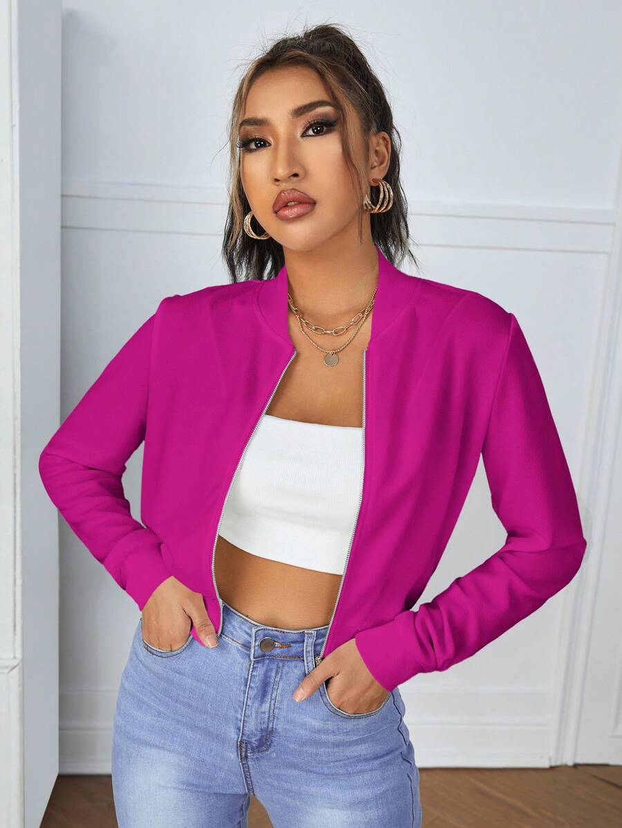 SHEIN Essnce Áo khoác thể thao dài tay thời trang ôm sát có khóa kéo cho nữ - Màu đỏ tím - Xem 1