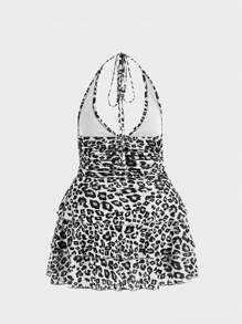 ROMWE J-Fashion Plus Size Sexy Leopard Print Multi-Layered Backless Halter Dress - Black and White - View 2