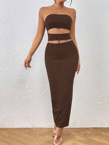 Allurite 女士露肩低背修身性感镂空紧身迷你连衣裙 - 咖啡棕 - 查看 4