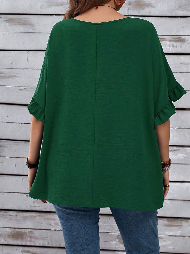 Plus Size Women's Vacation Casual Dark Blue Mom Shirts With Ruffled Sleeves For Summer