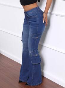SHEIN SXY Quần jeans ống loe thông thường được giặt bằng nước cho nữ - Màu xanh lam - Xem 6