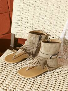 Styleloop Women's Tassel Design Retro Style Fashion Zipper Strap Wear Mid-Calf Boots Fall - Khaki - View 9