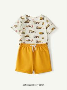 Cozy Pixies 2 Stücke/Set Baby Jungen Cartoon Auto Muster Weicher Gestrickter Rundhals Kurzarm Top und Lässige Shorts