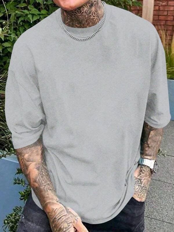 Manfinity Homme Plus Size Men's Casual Round Neck Short Sleeve Solid Color T-Shirt, Summer