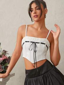 L'Amorae Women's Leather Top With Lace And Bow