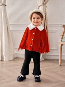 SHEIN Baby Girl Peter Pan Collar Front Button Long Sleeve Outerwear, Winter - Red - View 8
