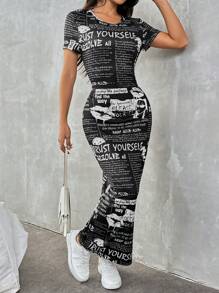 SHEIN EZwear Newspaper Print Dress - Black - View 1
