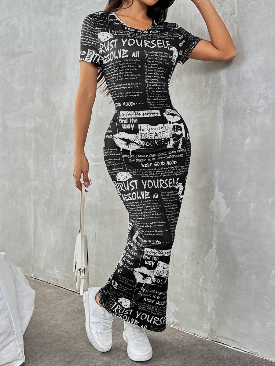 SHEIN EZwear Newspaper Print Dress - Black - View 1