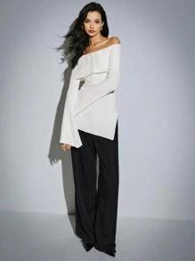 Poéselle Asymmetric Hem Fitted Sweater, Off-Shoulder Flare Long Sleeve, Autumn/Winter - White - View 4
