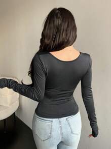 DAZY Women's Asymmetrical Neck Long Sleeve Ruched Soft Romantic Slim Asymmetrical Neck Casual Fashionable T-Shirt, Simple Tee