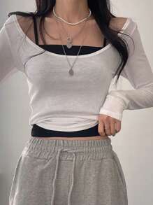 DAZY 2 件女式圆领长袖修身 T 恤和吊带背心套装，春夏、秋季服装学院风上衣 - 白色 - 查看 4