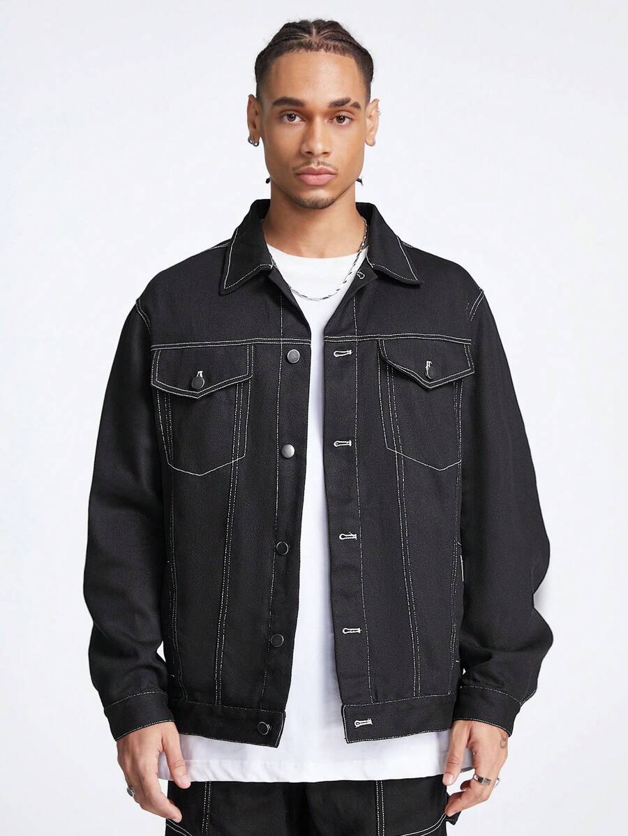 Manfinity VCAY Men's Loose Fit Woven Long Sleeve Jacket & Outwear, For Fall Winter - Black - View 1