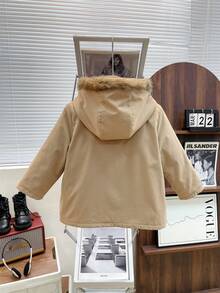 1件年輕男孩日常穿著、學校、旅行和運動秋冬季時尚舒適連帽夾克，內裡加厚，保暖效果佳 - 杏色 - 查看 2