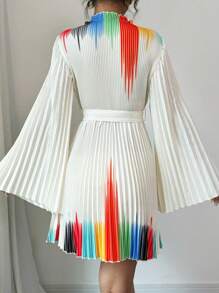 Chiquease Đầm nữ mùa xuân hè thanh lịch, cổ đứng, tay loe, phối màu tương phản, kiểu dáng xếp nếp, dài đến đầu gối. - Nhiều màu - Xem 2