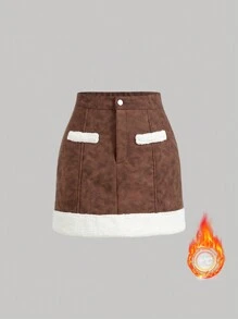 SHEIN MOD 女士冬季扎染拼接仿羊毛时尚短裙 - 駝色 - 查看 1