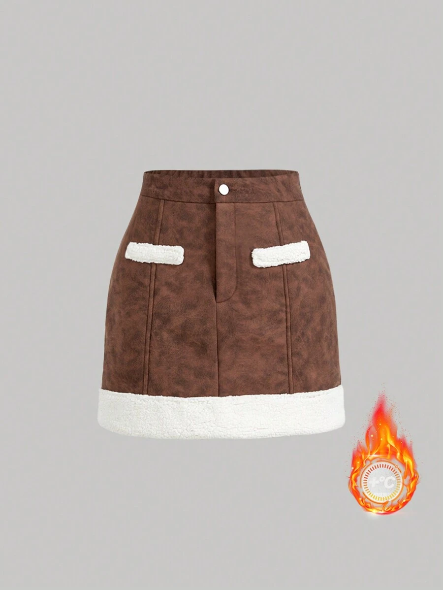 SHEIN MOD 女士冬季扎染拼接仿羊毛时尚短裙 - 駝色 - 查看 1