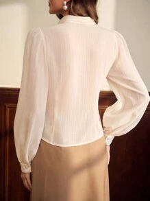 Vintamour Vintage Elegant Women's Fitted Long Sleeve Shirt With Flowy Tie Collar, Apricot Fall Women Clothes Long Sleeves Woman Old Money Work Women Blouses Business Casual Women 90s Outfit Long Sleeve Women Shirts Collared Women Shirt Homecoming Dresses Button Down Blouse Beige Renaissance Fair Button Down Blouse Old Money Valentine Day - Apricot - View 2