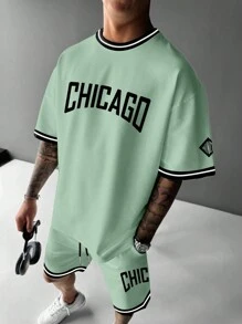 Manfinity Homme Men's Plus Size Summer Letter Printed Round Neck Casual Short Sleeve T-Shirt And Drawstring Waist Shorts Set - Green - View 1