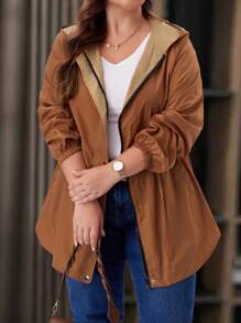 EMERY ROSE Plus Size Women's Hooded Long Sleeve Ruched Fashion Button Zip Reversible Brown Trench Coat With Pockets - Burnt Orange - View 3