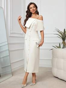 Modelyn Women's Asymmetric Neckline Cold Shoulder Chain Strap Stylish & Elegant Dress,White Dress