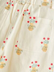 SHEIN Tween Girls Floral Print Wide Leg Straight Casual Pants, Fall/Winter - Beige - View 9