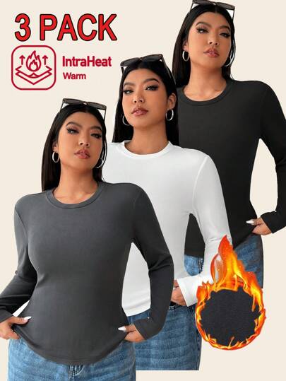 Solflare 3pcs/Set Plus Size Women's Velvet Thermal Form-Fitting Long Sleeve T-Shirts, Multi-Color Thermal