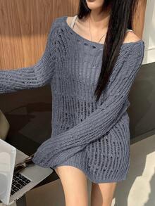 DAZY Áo len cổ tròn dáng rộng màu trơn cho nữ - Xám - Xem 4