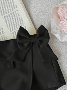 SHEIN Leap Crew Baby Girls Casual Versatile Solid Color Asymmetric Detachable Bow Elastic Waist Black Skirt - Black - View 4