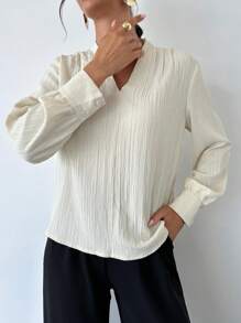 Firerie 褶皱灯笼袖工作衬衫白色衬衫，长袖上衣 - 杏色 - 查看 5