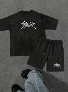 Manfinity VCAY Men's Casual Letter Print T-Shirt And Shorts Set, Summer