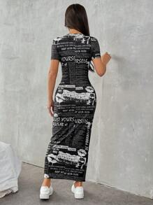 SHEIN EZwear Newspaper Print Dress - Black - View 2