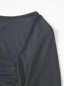 SHEIN Unity Áo liền quần dài tay màu trơn cổ thiên nga cho nữ mùa xuân và mùa hè - Màu xám đen - Xem 7