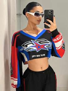 SHEIN ICON Y2k 露肩长袖女校服返校节连衣裙女式宽松短款毛边学院风机车运动衫、毕业长袖上衣、返校服装、毕业典礼、女士教师服装、秋冬返校 - 彩色 - 查看 6