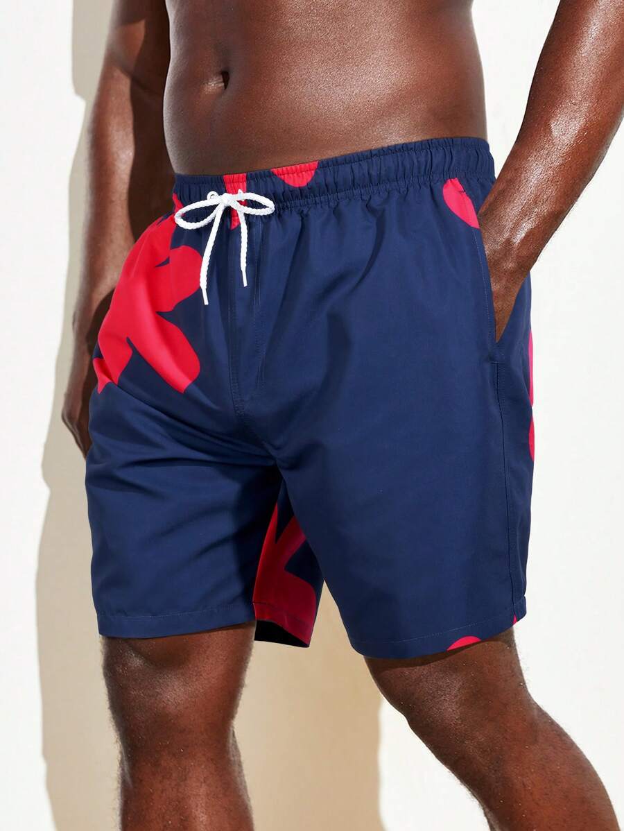 Manfinity Swimmode Plus Size Men's Floral Print Beach Shorts With Drawstring Waist