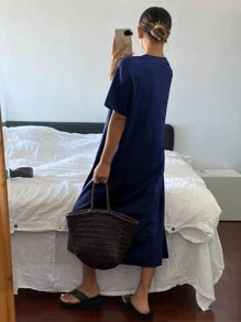 Livesso 女士宽松圆领短袖优雅休闲连衣裙 - 藏蓝色 - 查看 2