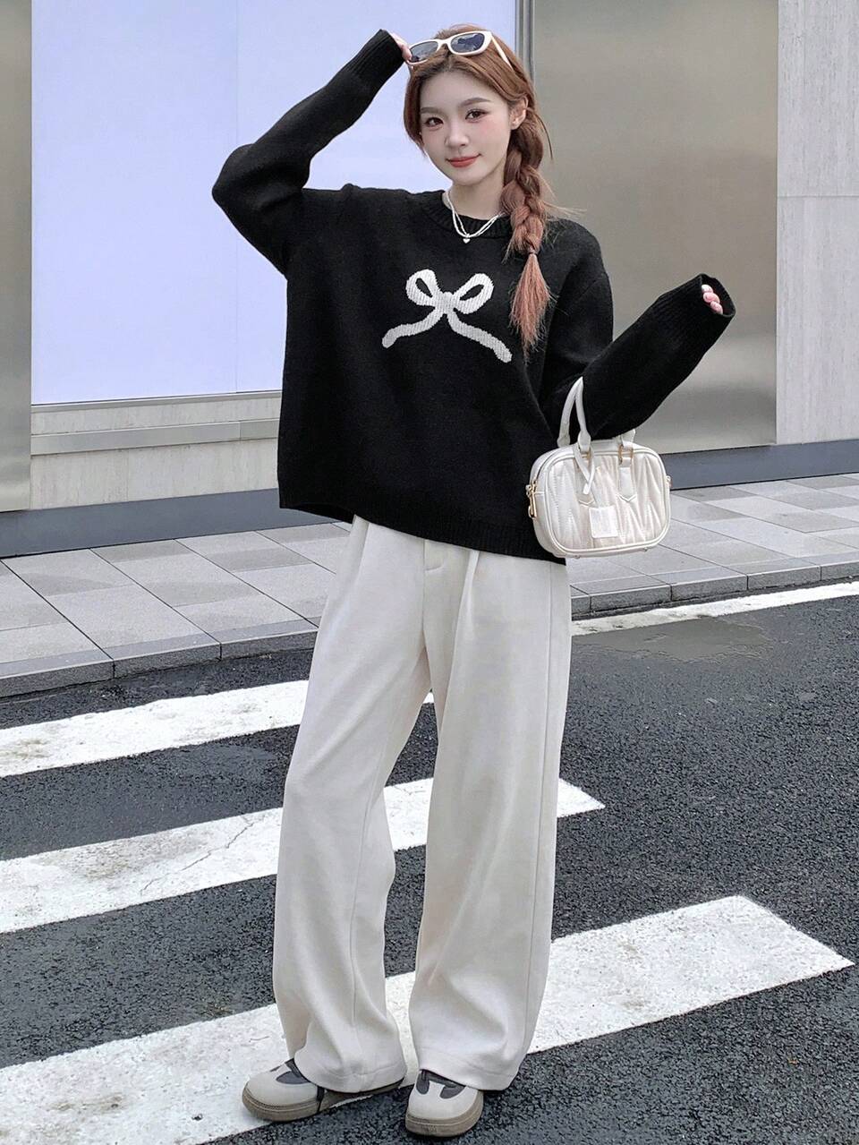 Crew Neck Long Sleeve Bowknot Pattern Sweater For Casual Daily Wear,Fall Clothes