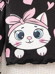 适合年轻女孩的针织爱心和可爱猫咪图案修身休闲 T 恤 - 彩色 - 查看 4