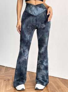 SHEIN EZwear 夏季大码扎染弹力舒适紧身喇叭裤 - 黑色 - 查看 3