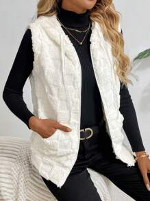 SHEIN LUNE 秋冬女士纯色纹理无袖连帽休闲日常夹克 - 白色 - 查看 5