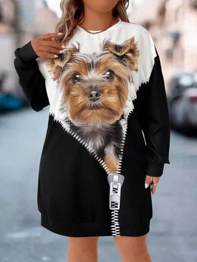 SHEIN LUNE 大码狗狗印花撞色卫衣裙，适合春秋季万圣节穿着
